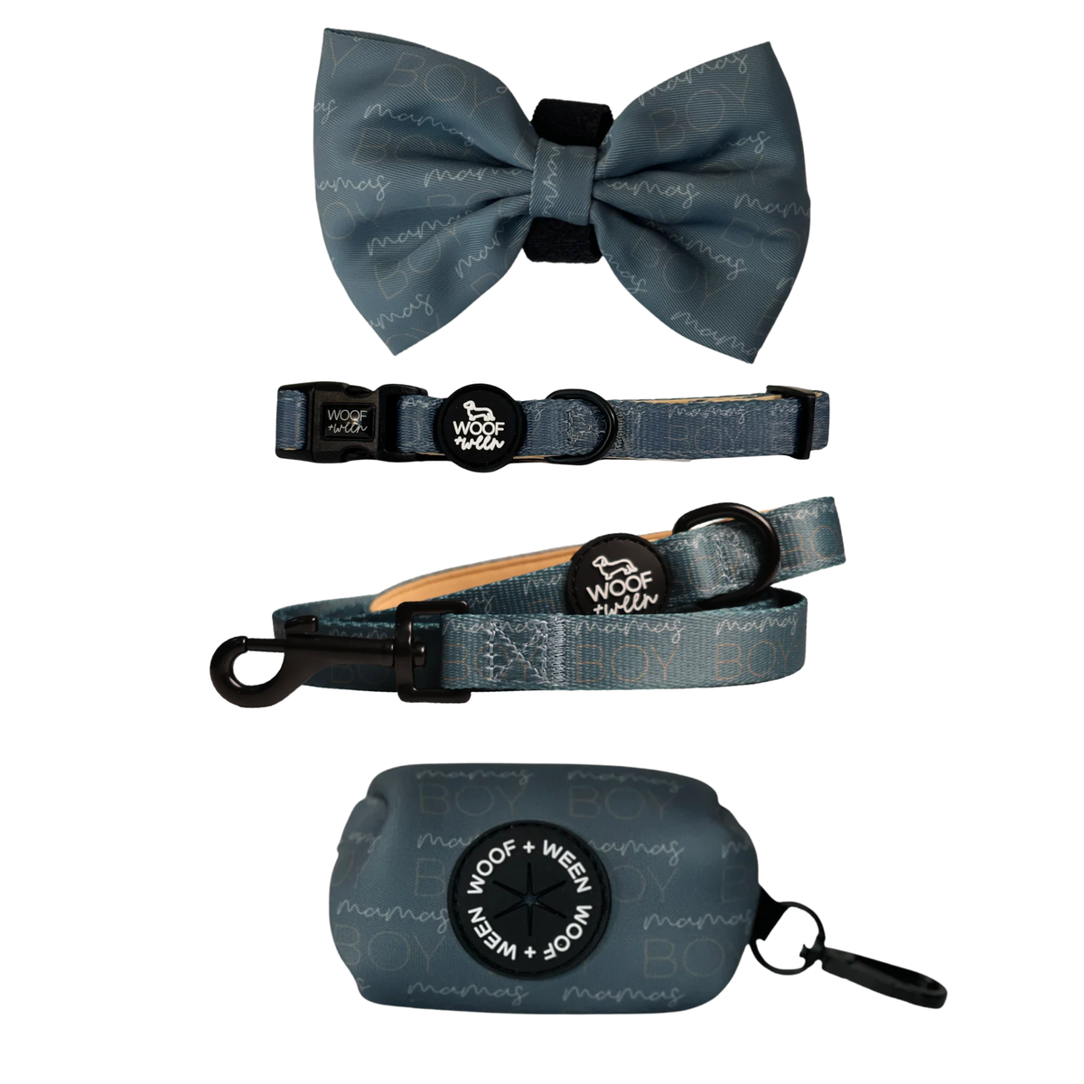 Blue and tan Mamas Boy dog collar, bow, leash and waste bag holder accessory bundle