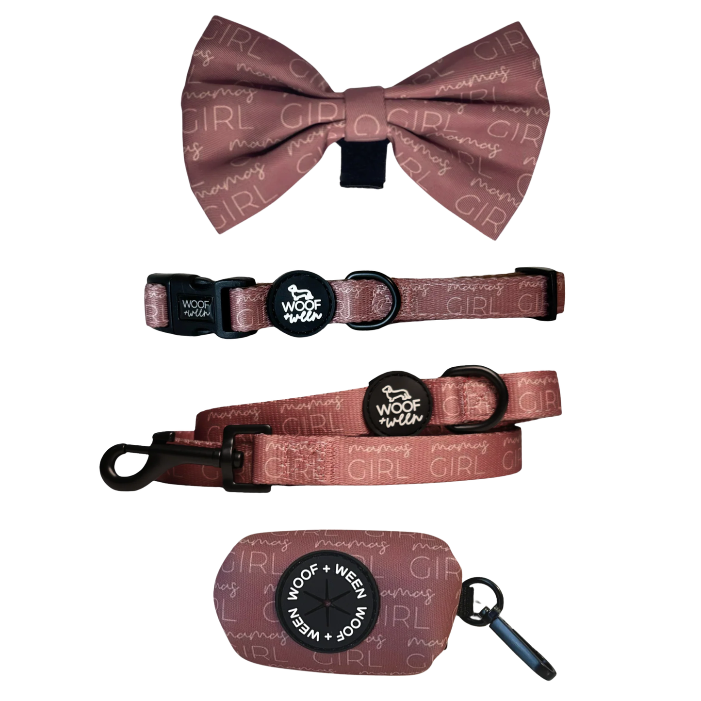 Mauve pink Mamas Girl dog collar, bow, leash and waste bag holder accessory bundle