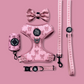 Pink dog harness, leash, collar, and bow tie set on a pink background