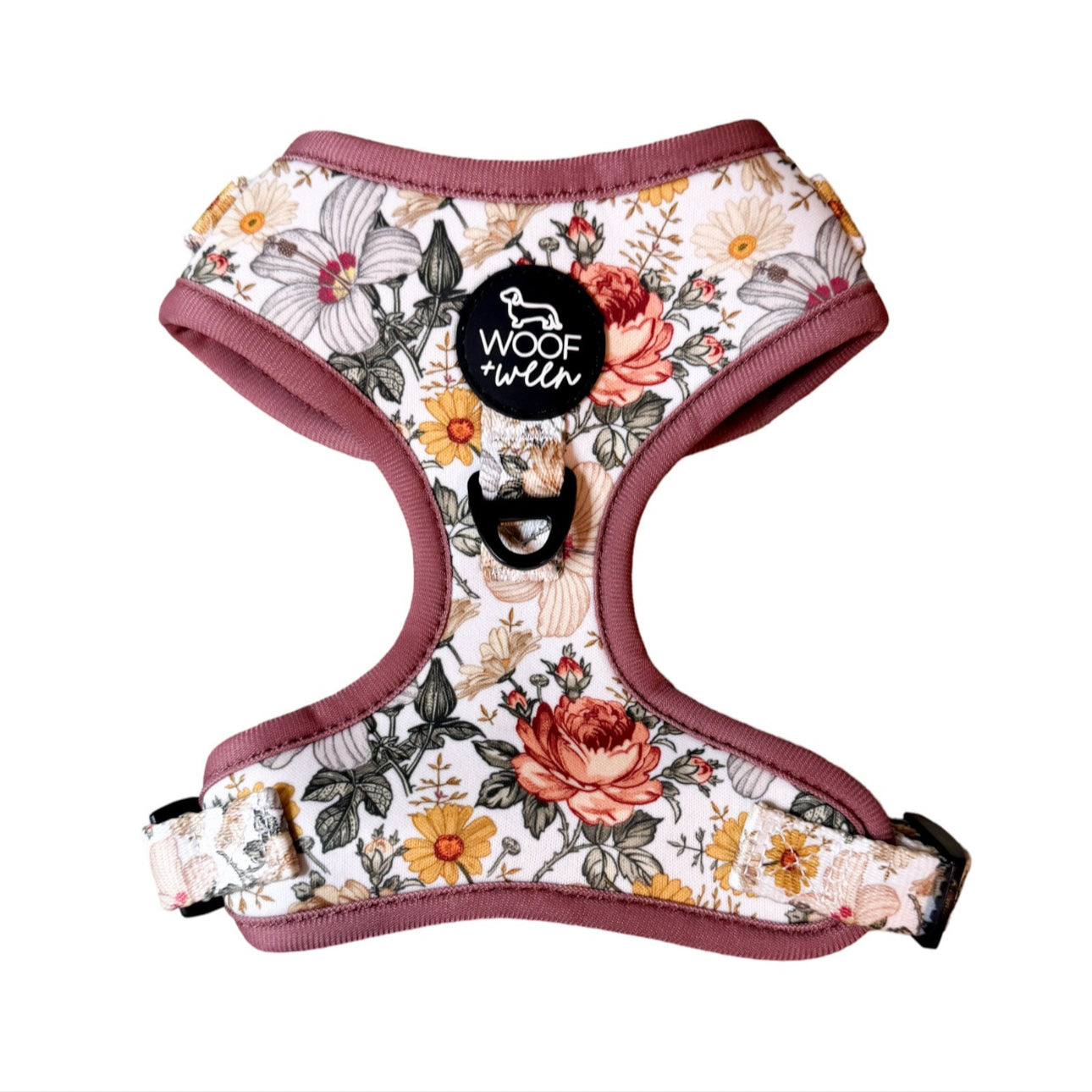 mauve pink floral pattern woof+ween dog harness