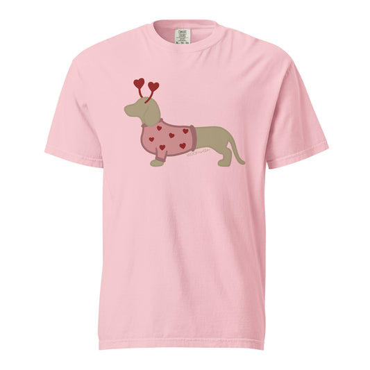 pink valentines dachshund tshirt with blonde dachshund