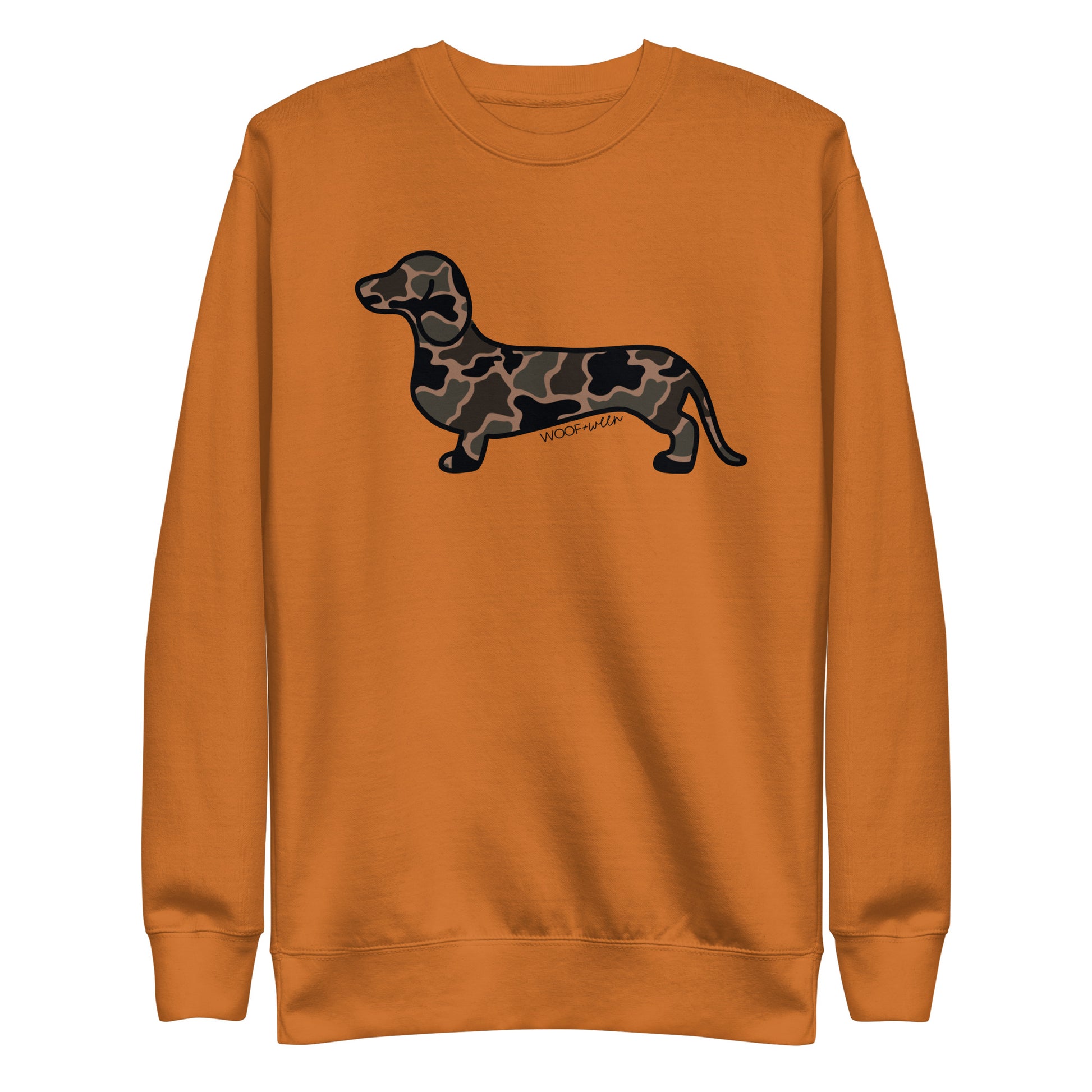Dachshund premium sweatshirt in Black Duck Camo print, adobe colorway