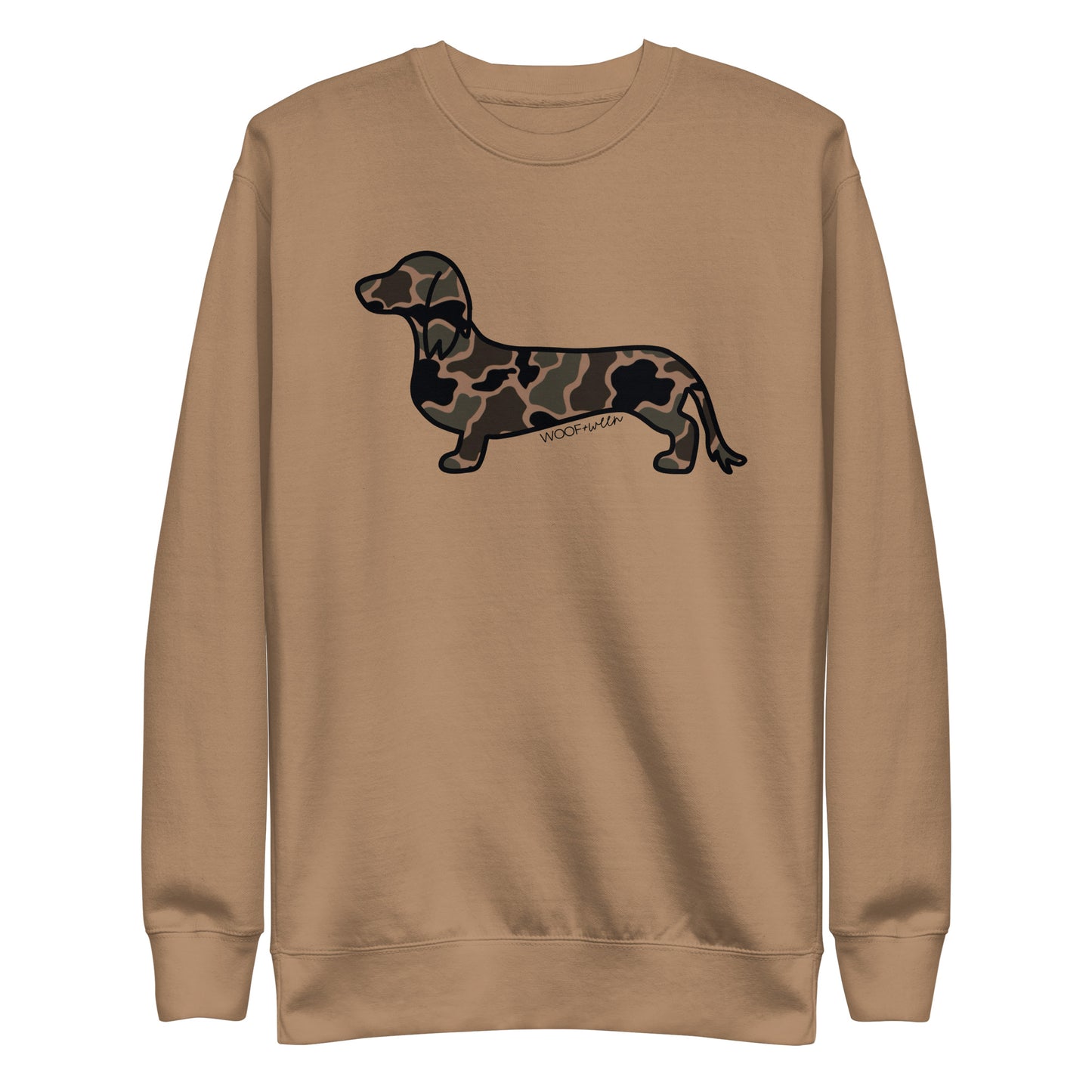 Long hair dachshund premium sweatshirt in Black Duck Camo print, latte colorway