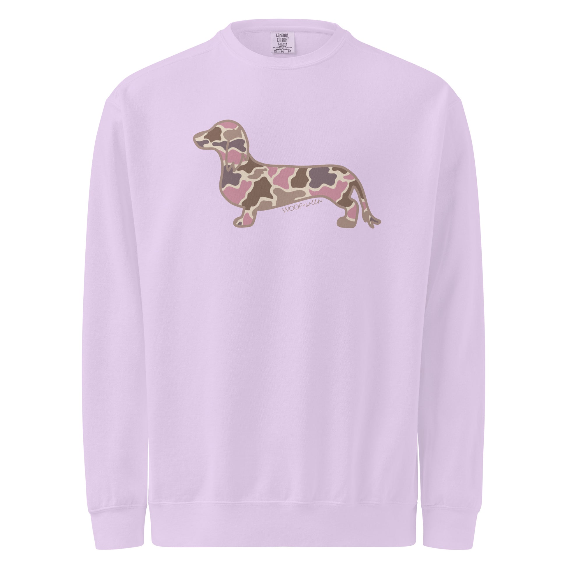 Long hair dachshund premium sweatshirt in Pink Duck Camo print, orchid colorway