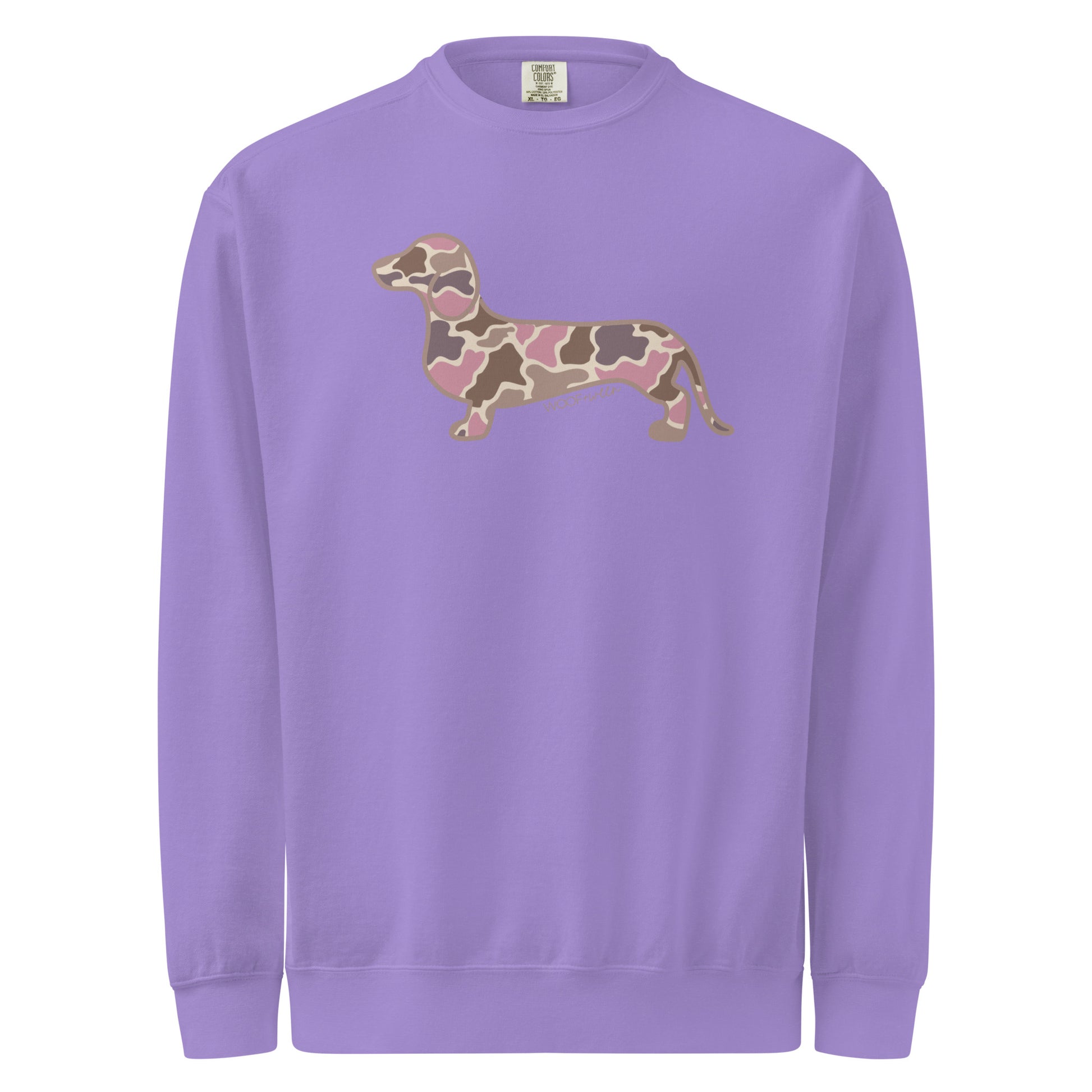 Dachshund premium sweatshirt in Pink Duck Camo print, violet colorway