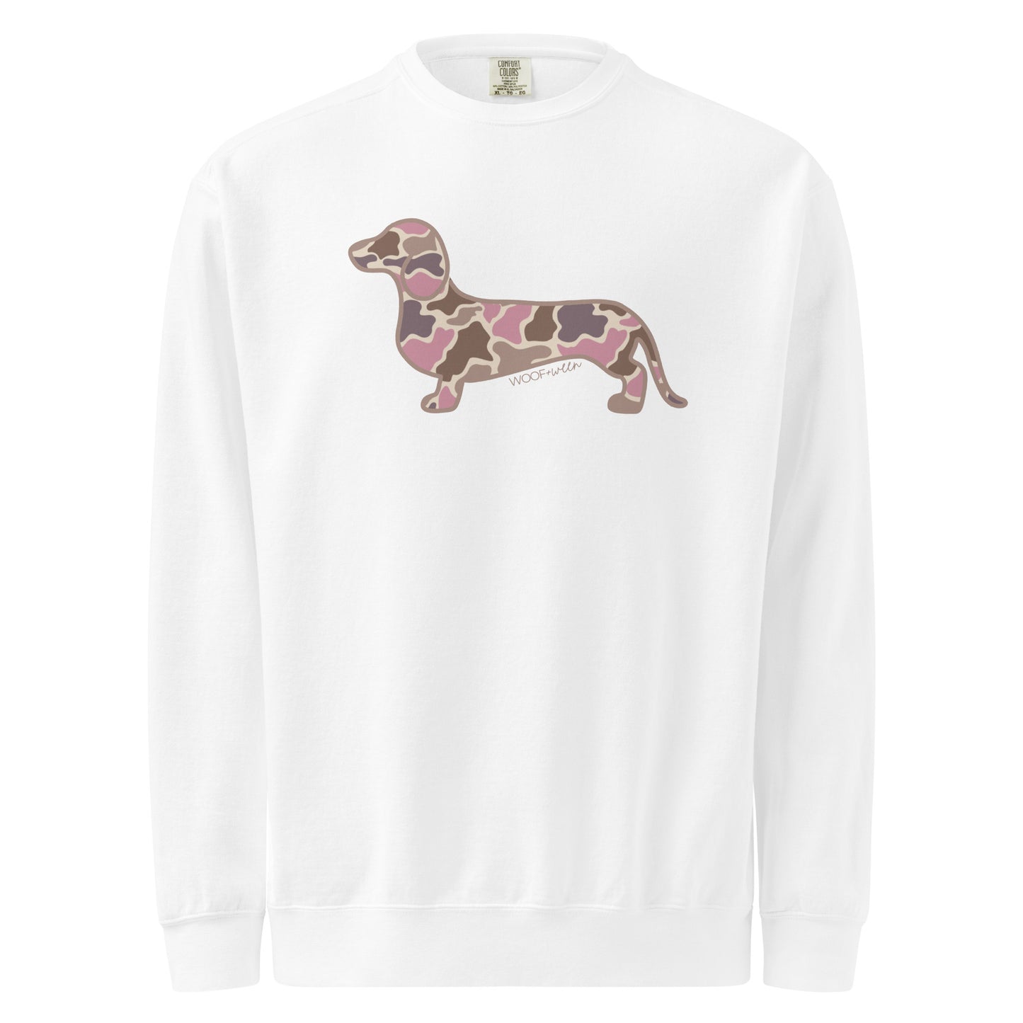 Dachshund premium sweatshirt in Pink Duck Camo print, white colorway