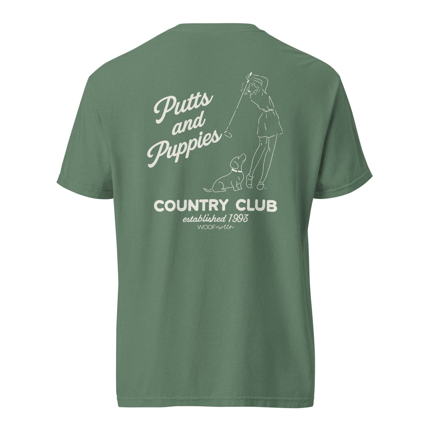 putts and puppies puppy dog golf design on a green tshirt