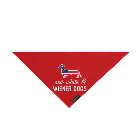 red dachshund usa bandana with red white and wiener dogs text from woof and ween