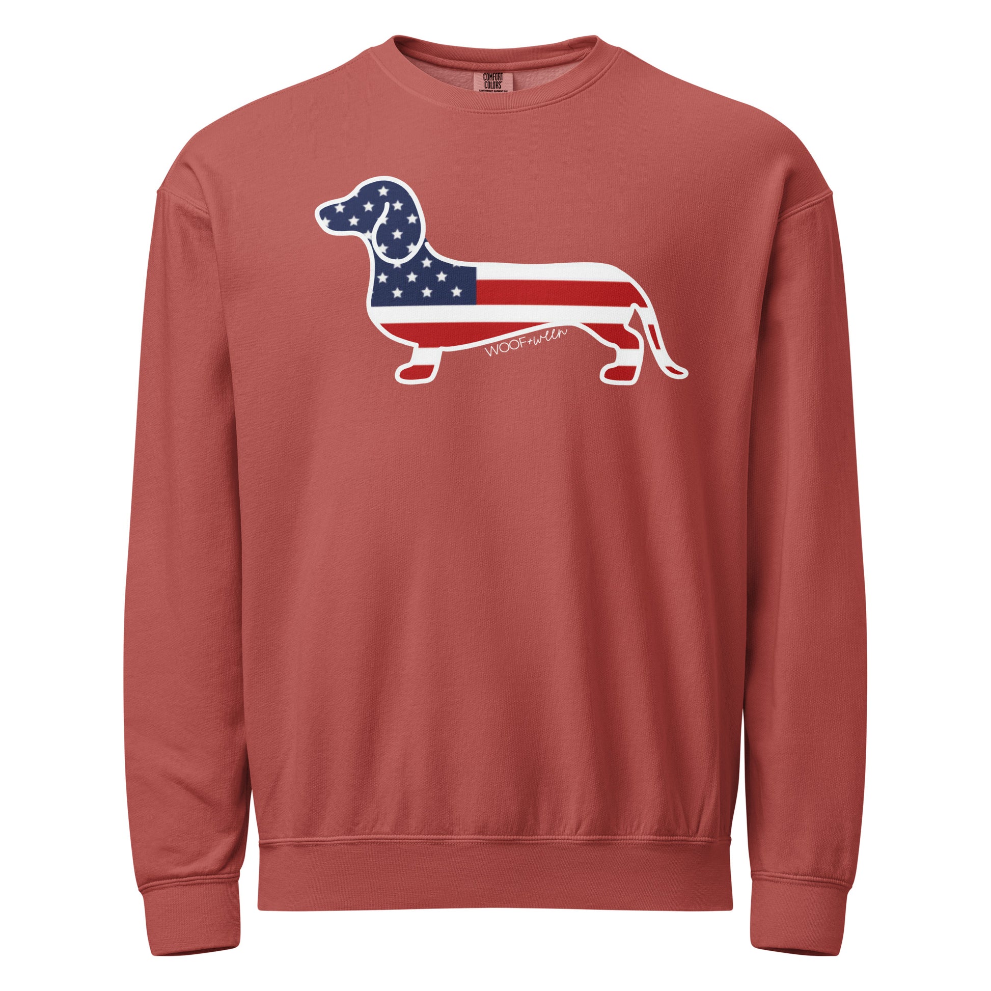 red usa dachshund crewneck from woof and ween