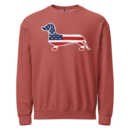 red usa dachshund crewneck from woof and ween
