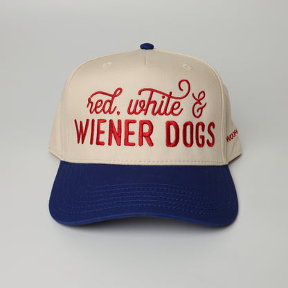 red white and wiener dogs embroidered blue hat from woof and ween