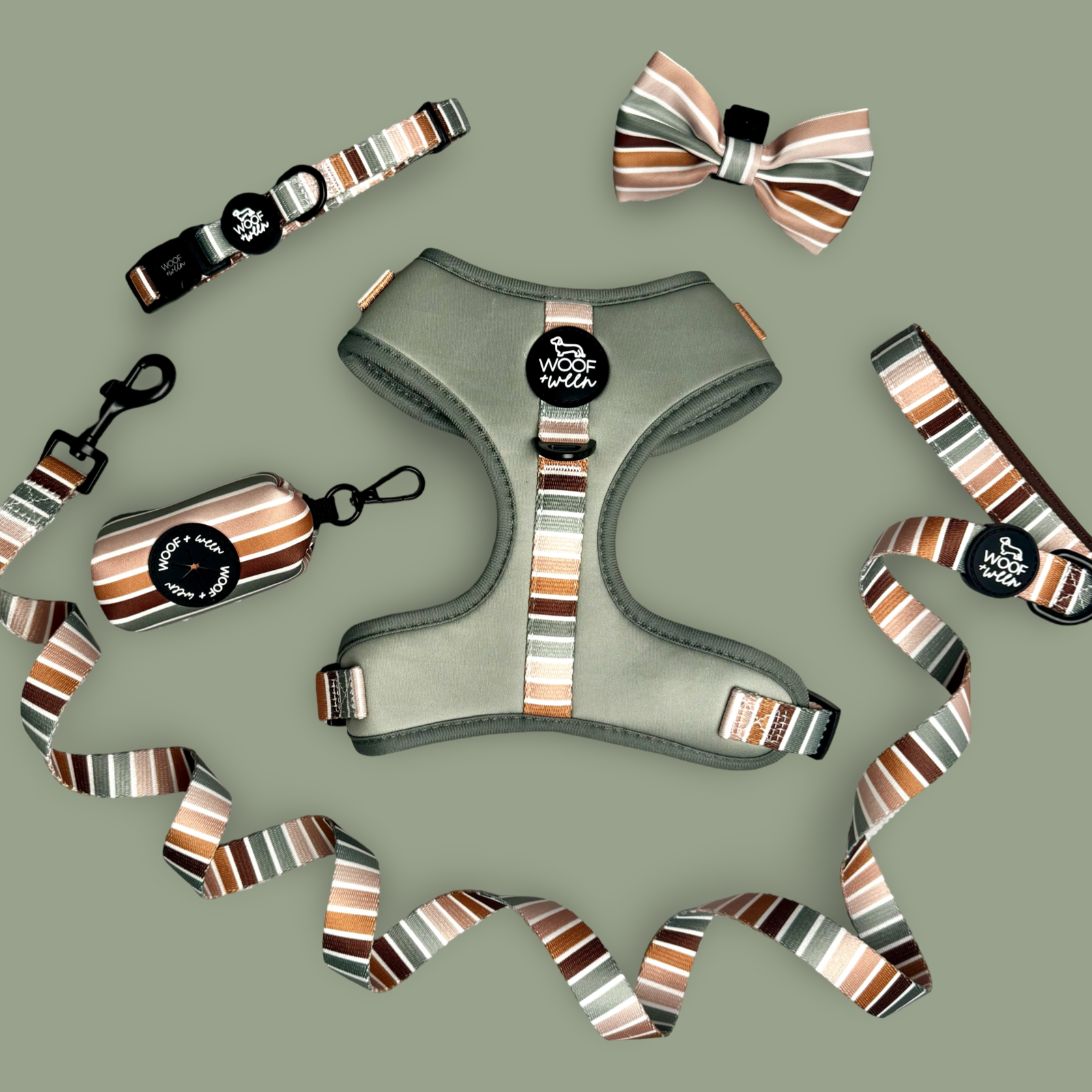 Sage green striped dog harness, leash, collar, bow and waste bag holder 5-piece bundle