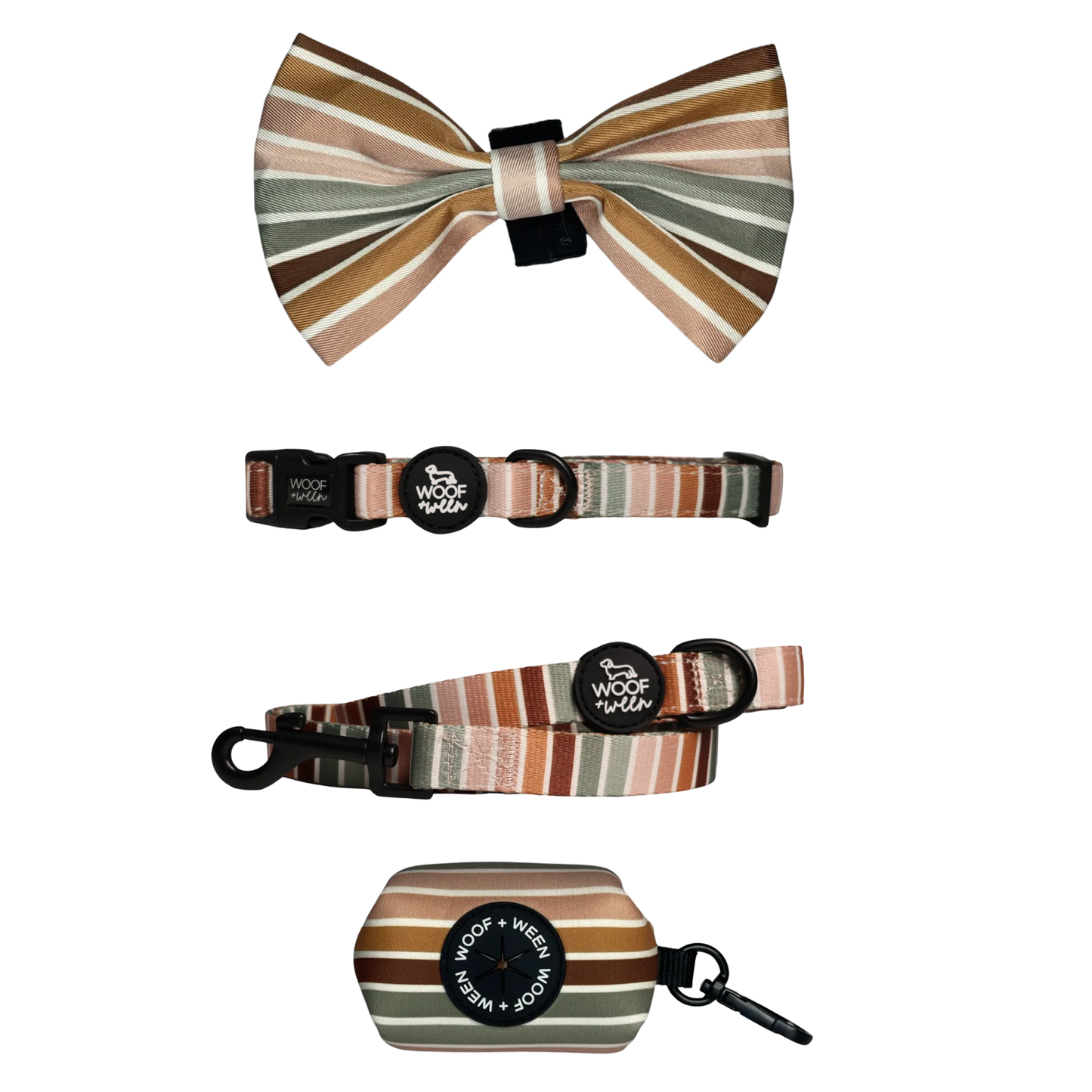 Sage green striped dog collar, bow, leash and waste bag holder accessory bundle