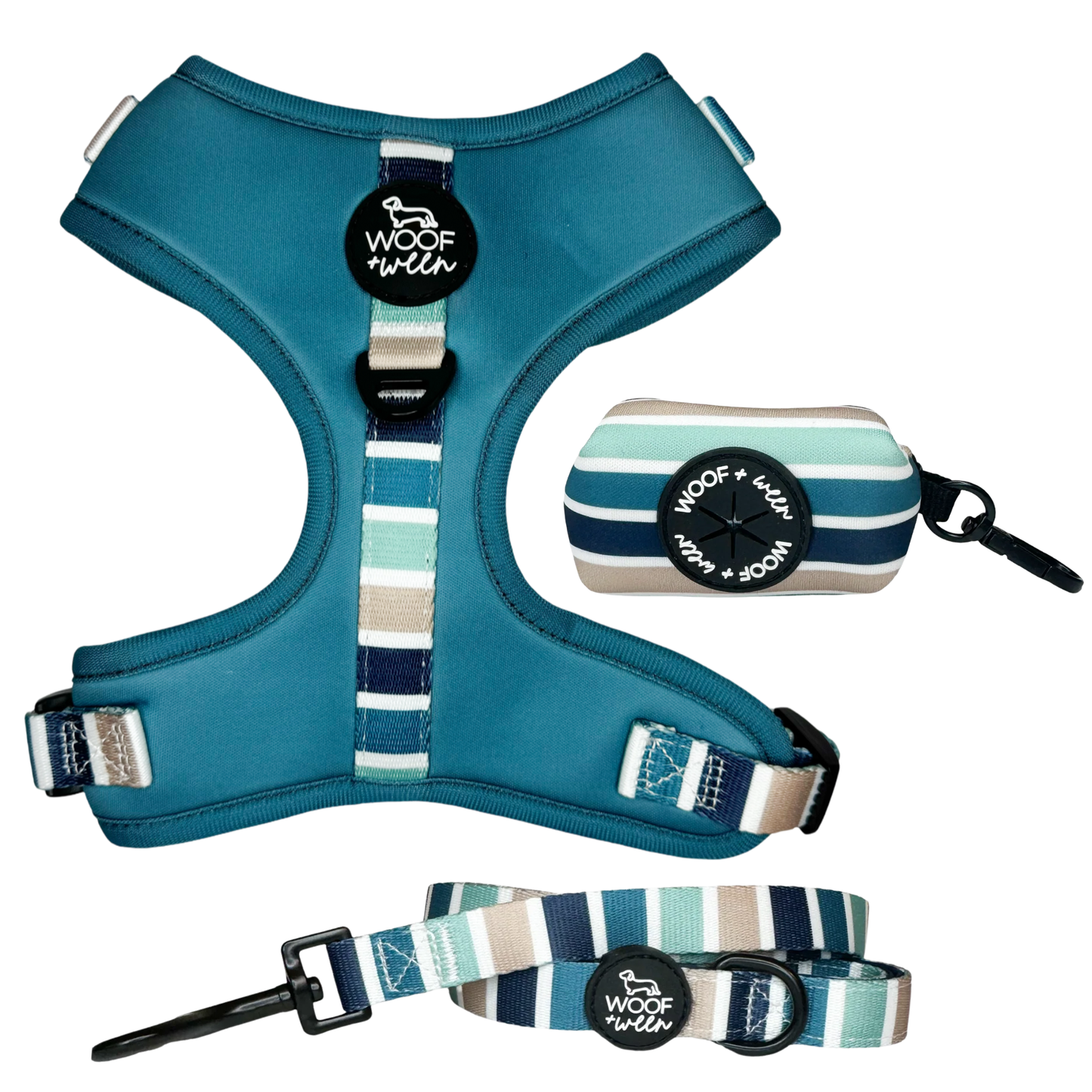 Blue striped dog harness, leash and waste bag holder walk bundle