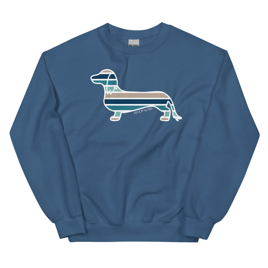 blue striped long hair dachshund design on blue crewneck