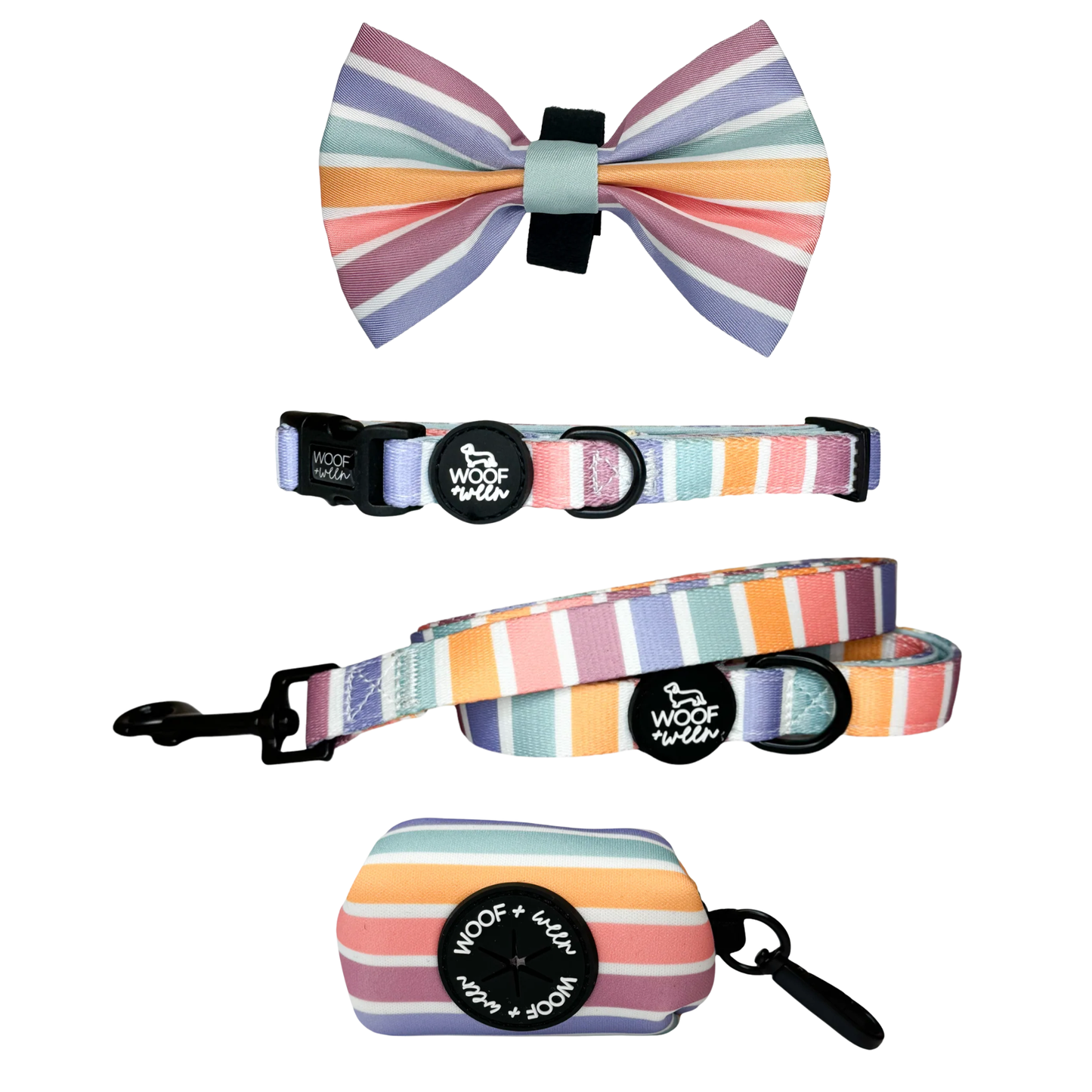 Rainbow striped dog collar, bow, leash and waste bag holder accessory bundle