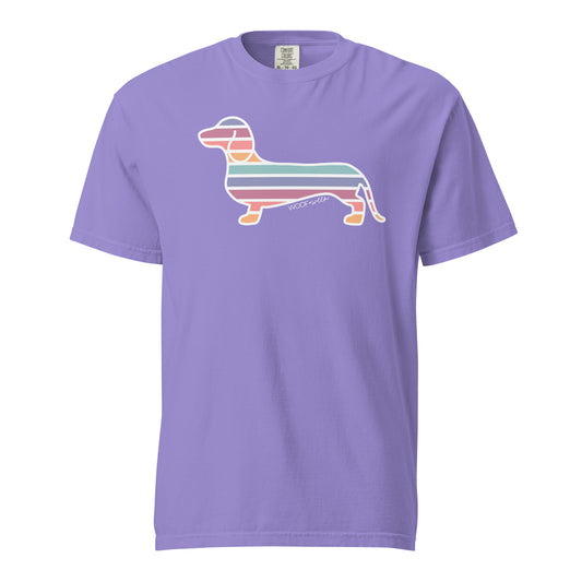 purple dachshund tshirt with striped doxie design