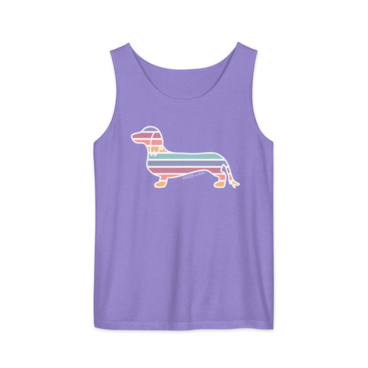 rainbow dachshund on a purple tank top