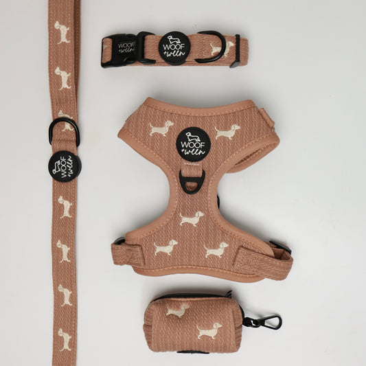 Sweater Weather dachshund 4-piece bundle flat lay: taupe knit harness, leash, collar and waste bag holder with cream embroidered doxies