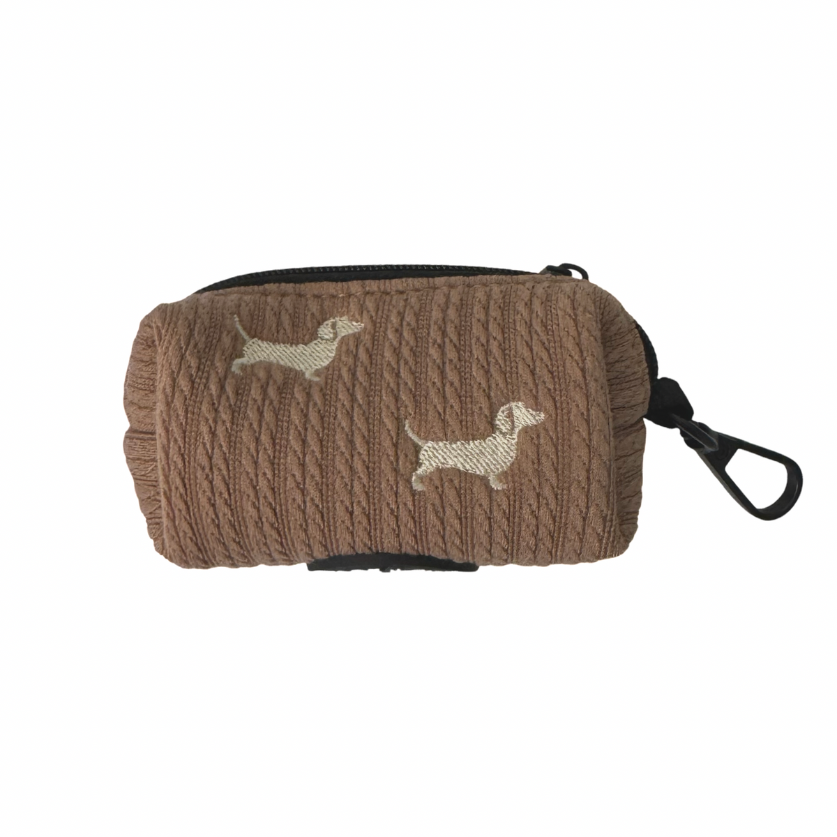 Taupe knit Sweater Weather Dachshunds embroidered waste bag holder for dachshunds