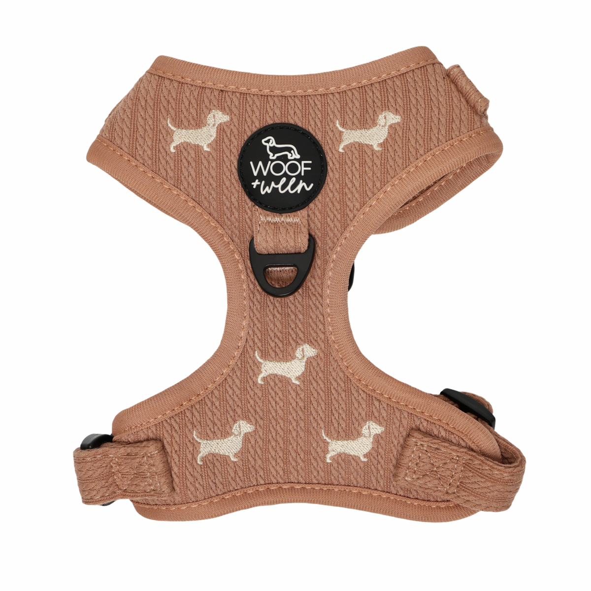 Sweater Weather dachshund harness in taupe knit with cream embroidered doxies