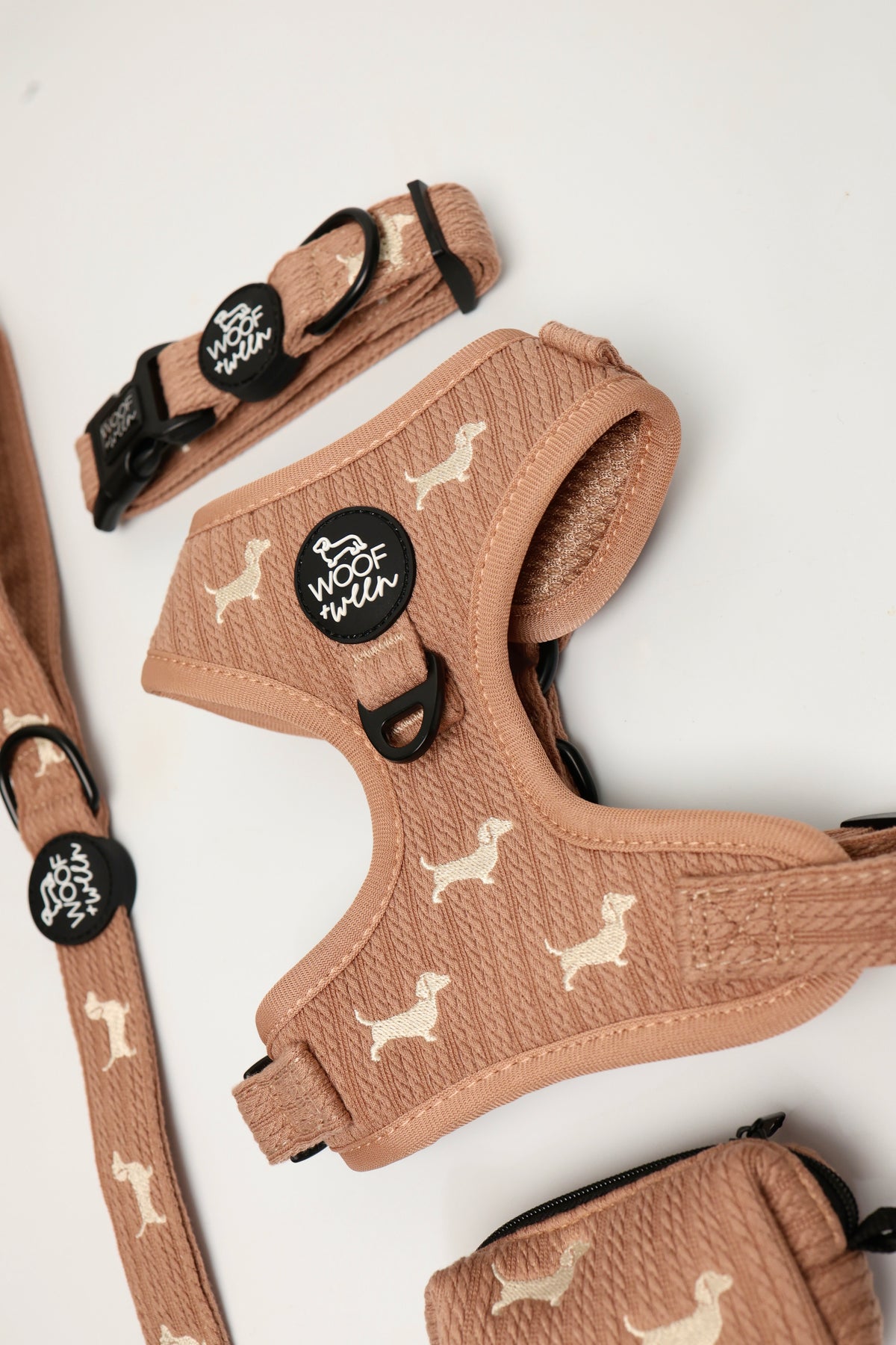 Sweater Weather matching knit wiener dog harness, collar, leash and waste bag holder, view 2