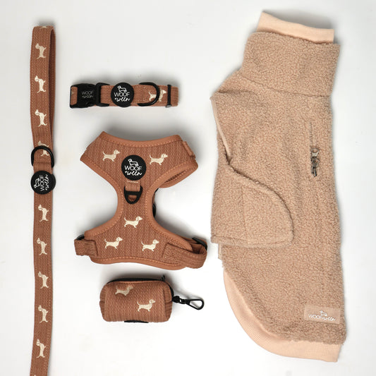 Sweater Weather matching knit dachshund harness, collar, leash and waste bag holder with embroidered doxies