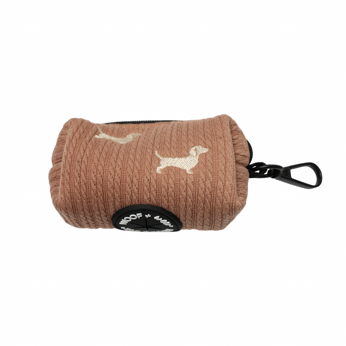 Sweater Weather dachshund waste bag holder in taupe knit with cream embroidered doxies
