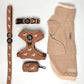 Sweater Weather ultimate dachshund bundle with tan sherpa coat and matching knit harness, leash, collar and waste bag holder
