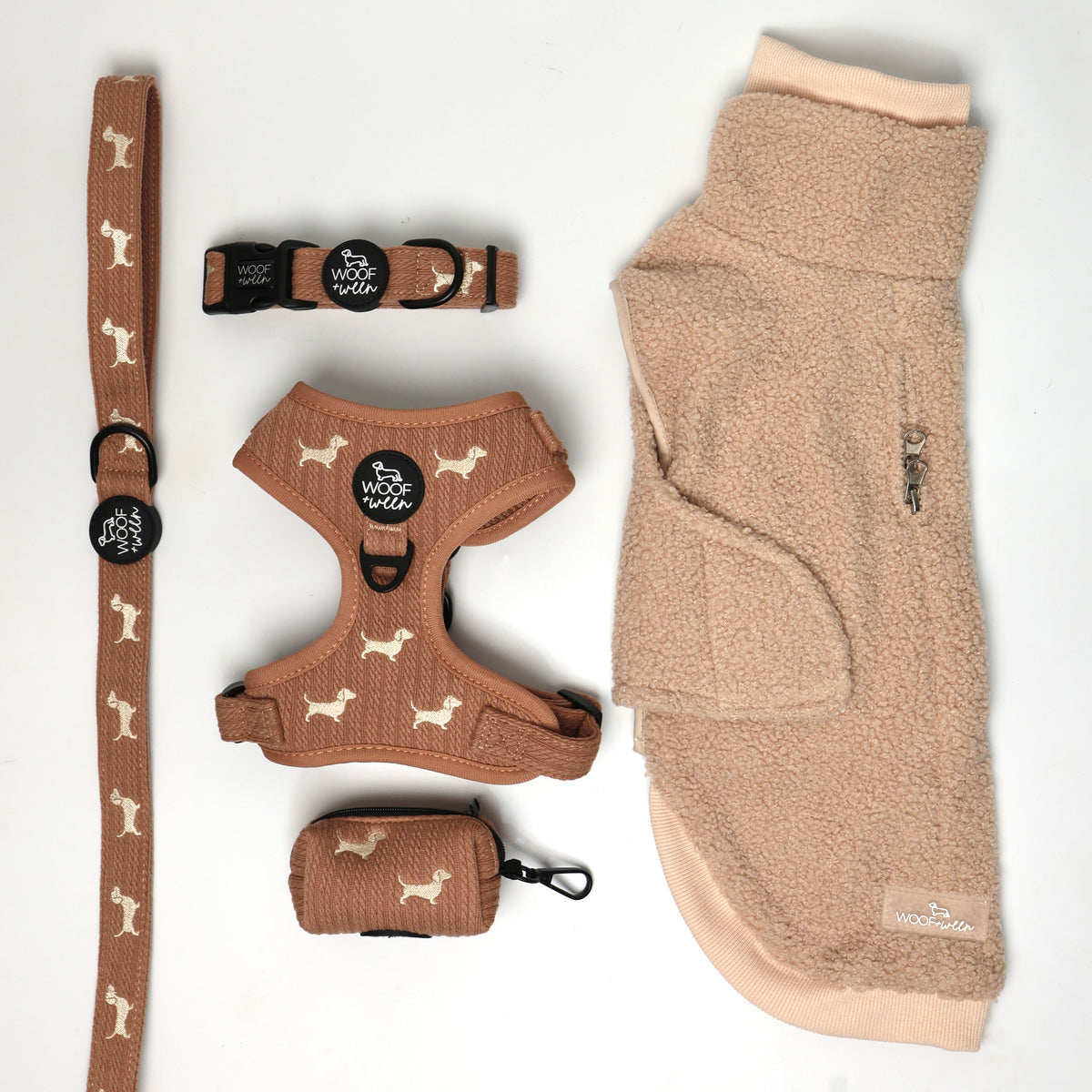 Sweater Weather ultimate dachshund bundle with tan sherpa coat and matching knit harness, leash, collar and waste bag holder