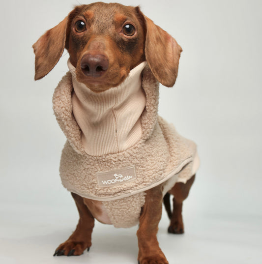 Tan sherpa turtleneck coat for dachshunds
