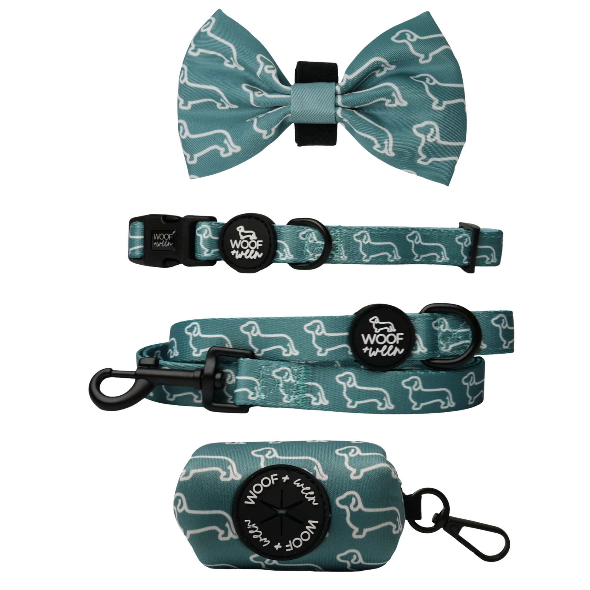 Teal dachshund print dog collar, bow, leash and waste bag holder accessory bundle for doxies