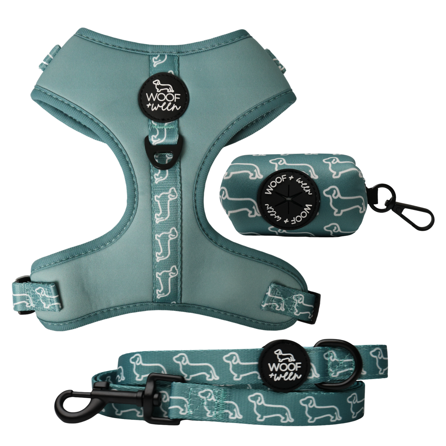 Teal dachshund print harness, leash and waste bag holder walk bundle for doxies