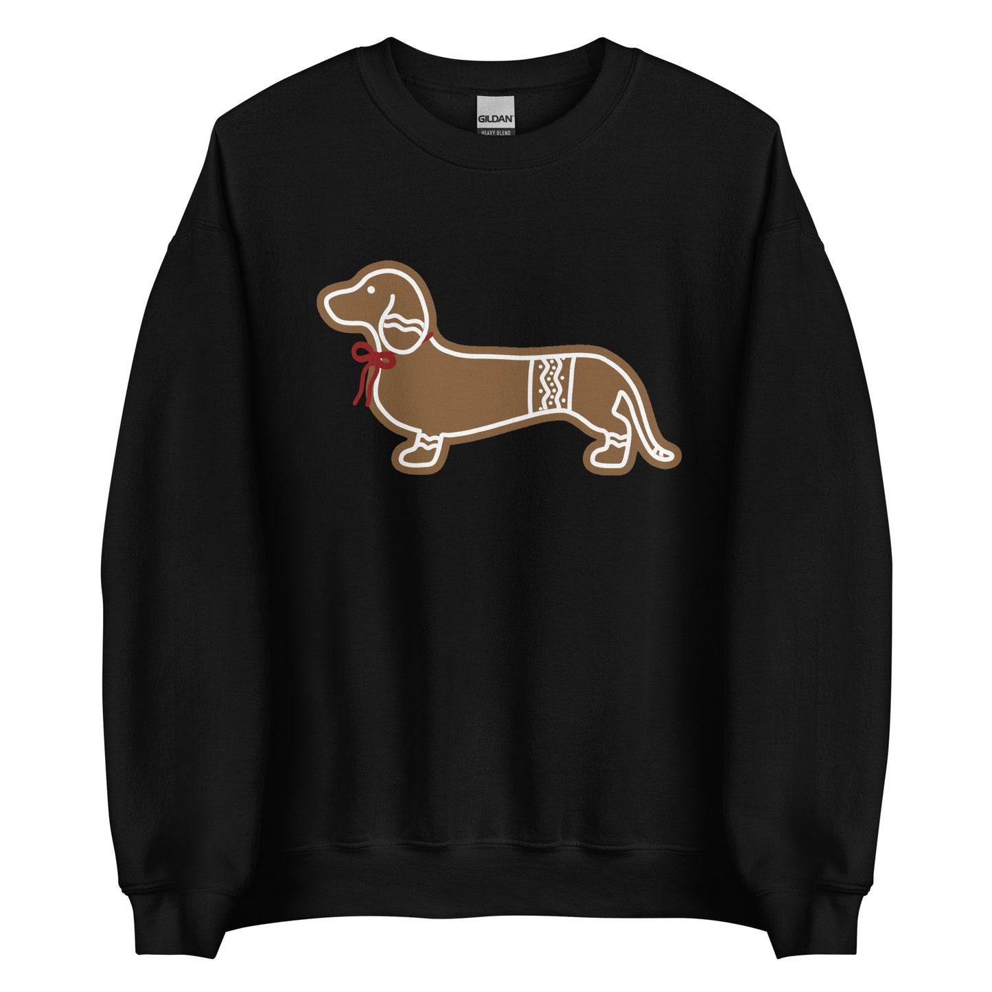 black sweatshirt with dachshund gingerbread design with red bow for christmas