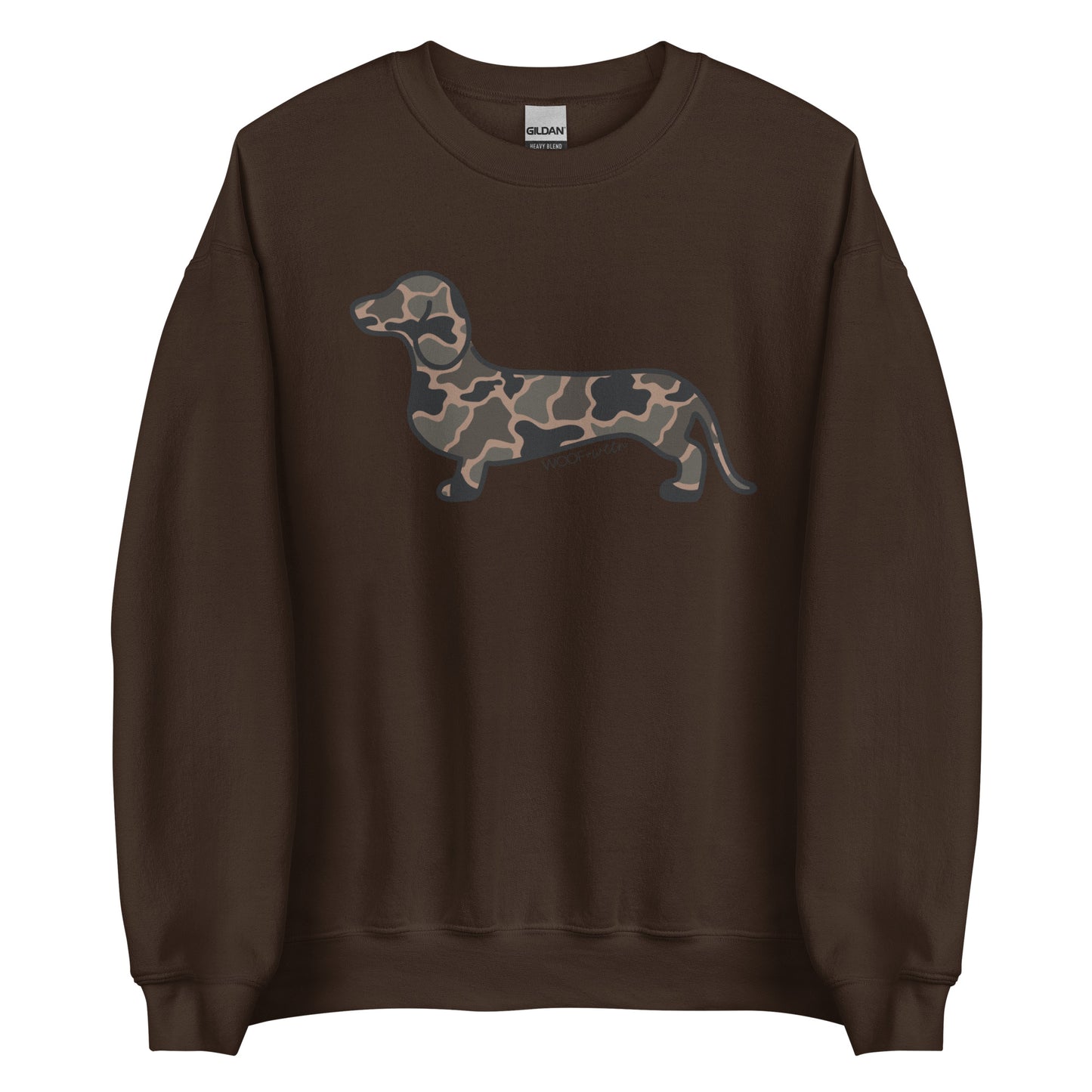 Black Duck Camo dachshund crewneck sweatshirt dark chocolate front Gildan