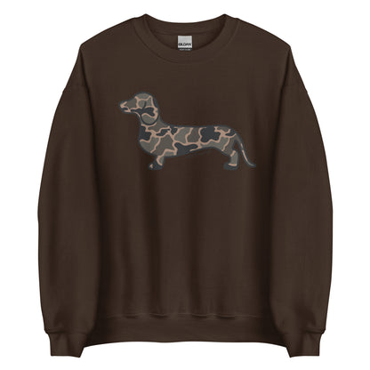 Black Duck Camo dachshund crewneck sweatshirt dark chocolate front Gildan