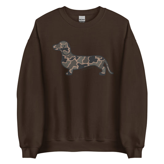 Black Duck Camo dachshund crewneck sweatshirt dark chocolate front Gildan