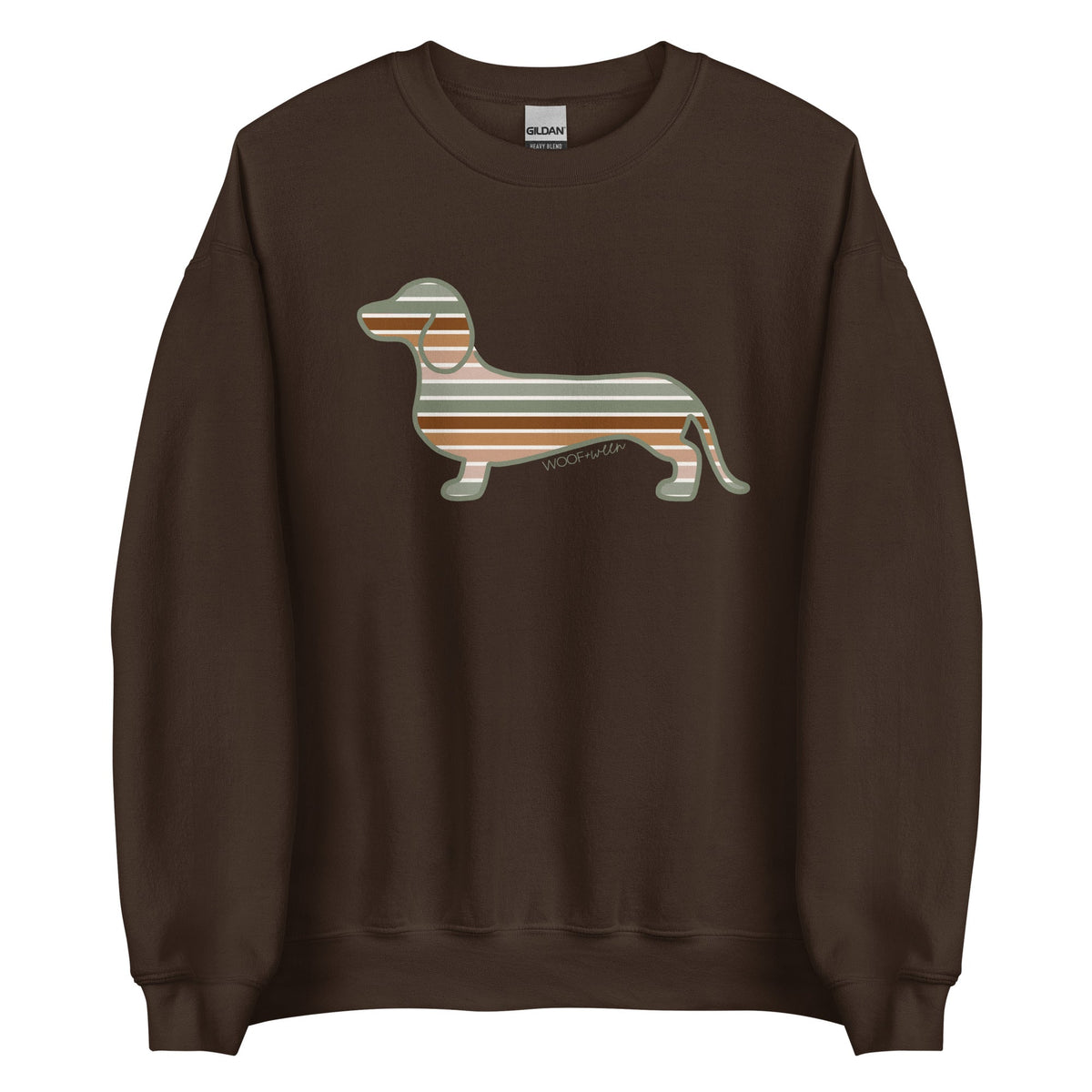 Dark chocolate dachshund crewneck sweatshirt, Sage Sunset doxie design