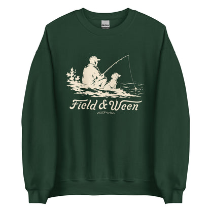 Field and Ween Fishing dachshund sweatshirt forest green front Gildan wiener dog