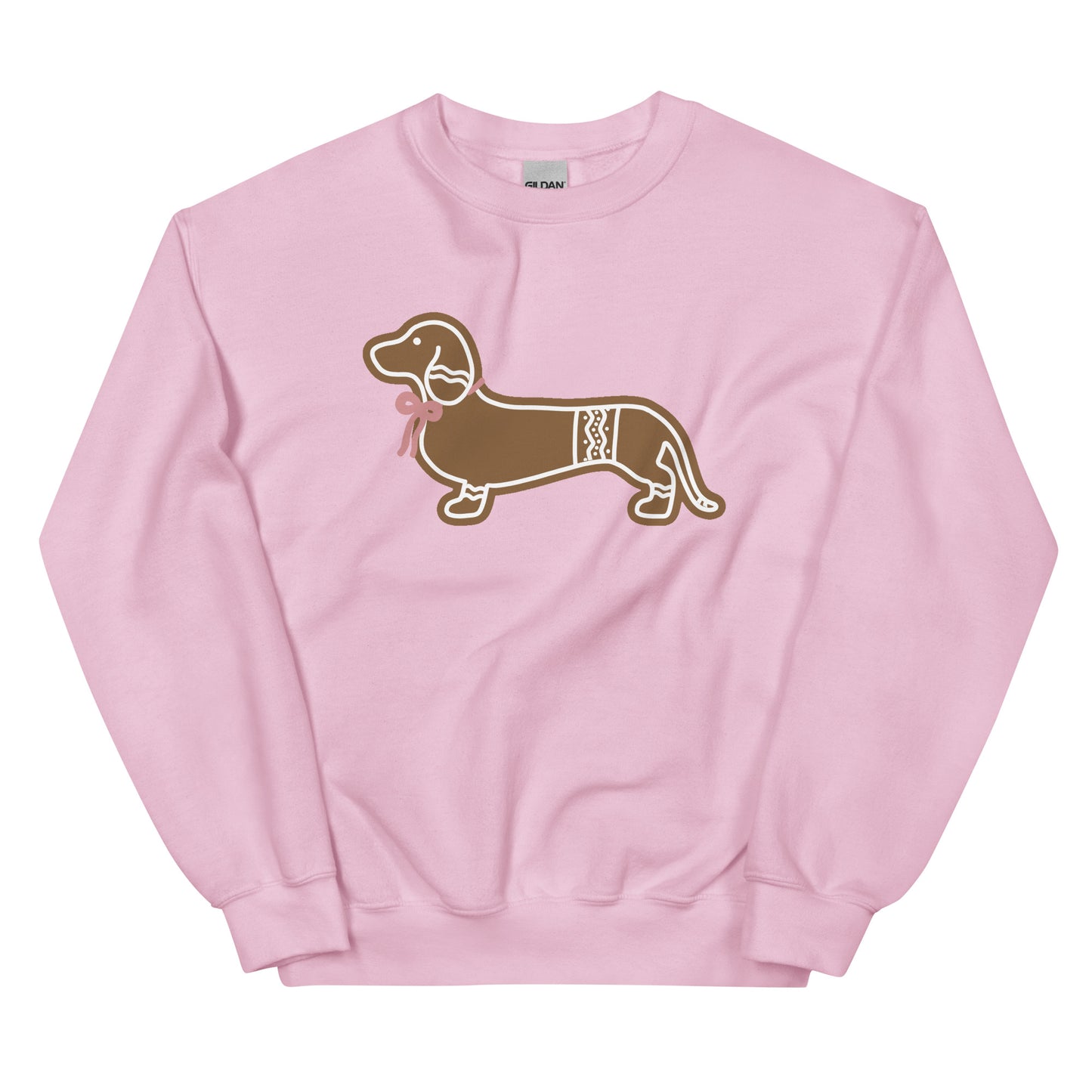 pink sweatshirt with gingerbread dachshund design