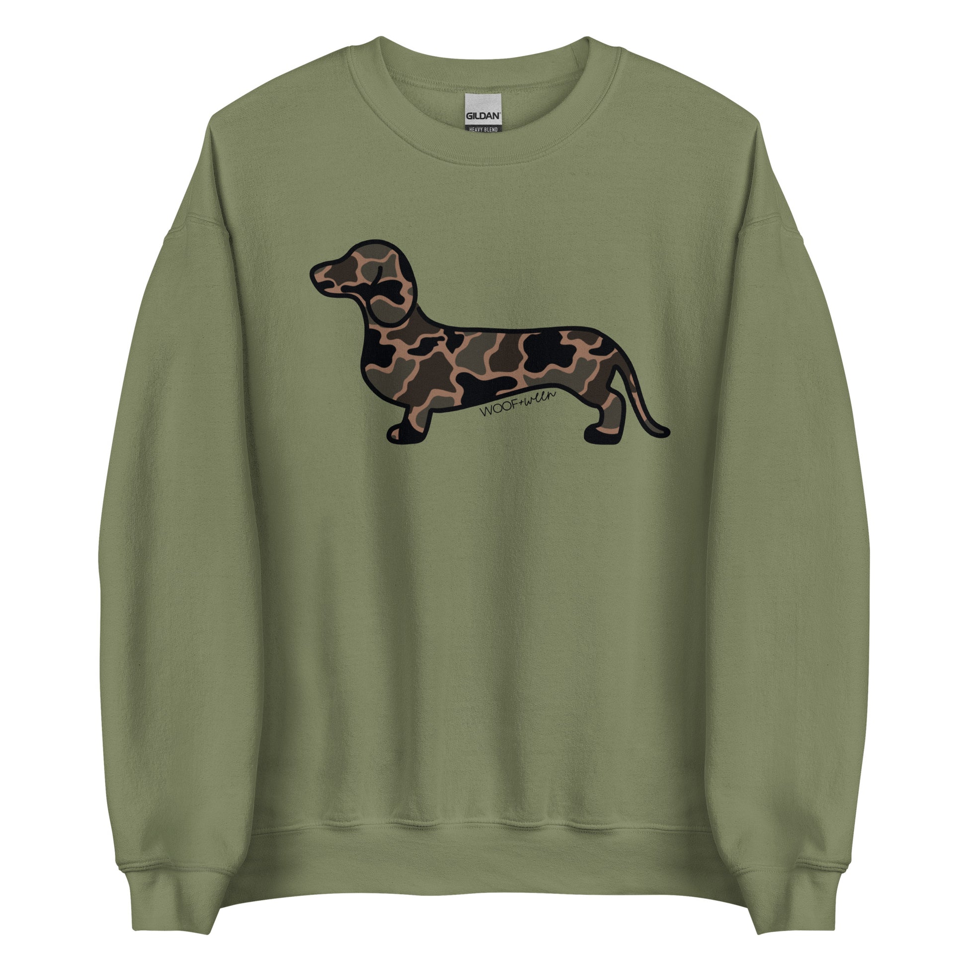 Black Duck Camo dachshund sweatshirt military green front Gildan crewneck