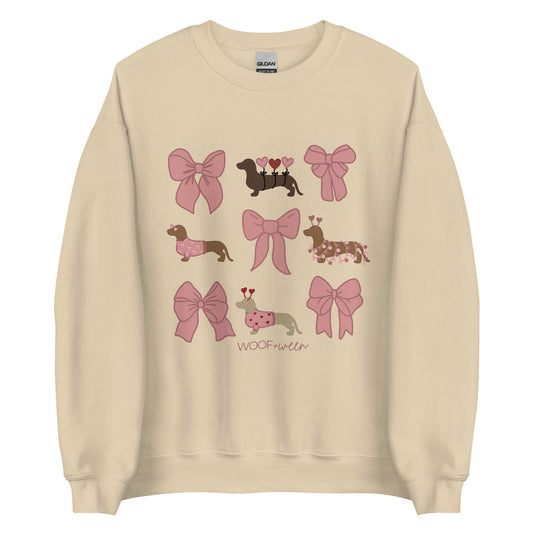 tan crewneck with pink bows coquette valentines dachshund sweatshirt