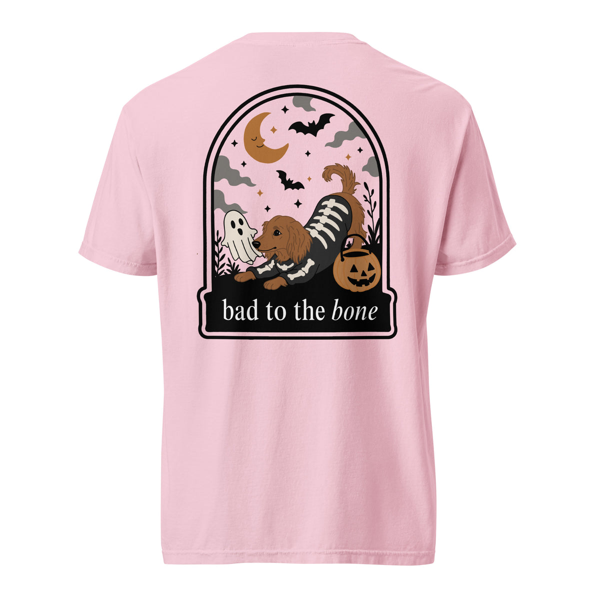 Skeleween Bad to the Bone dachshund Halloween shirt blossom Comfort Colors tee