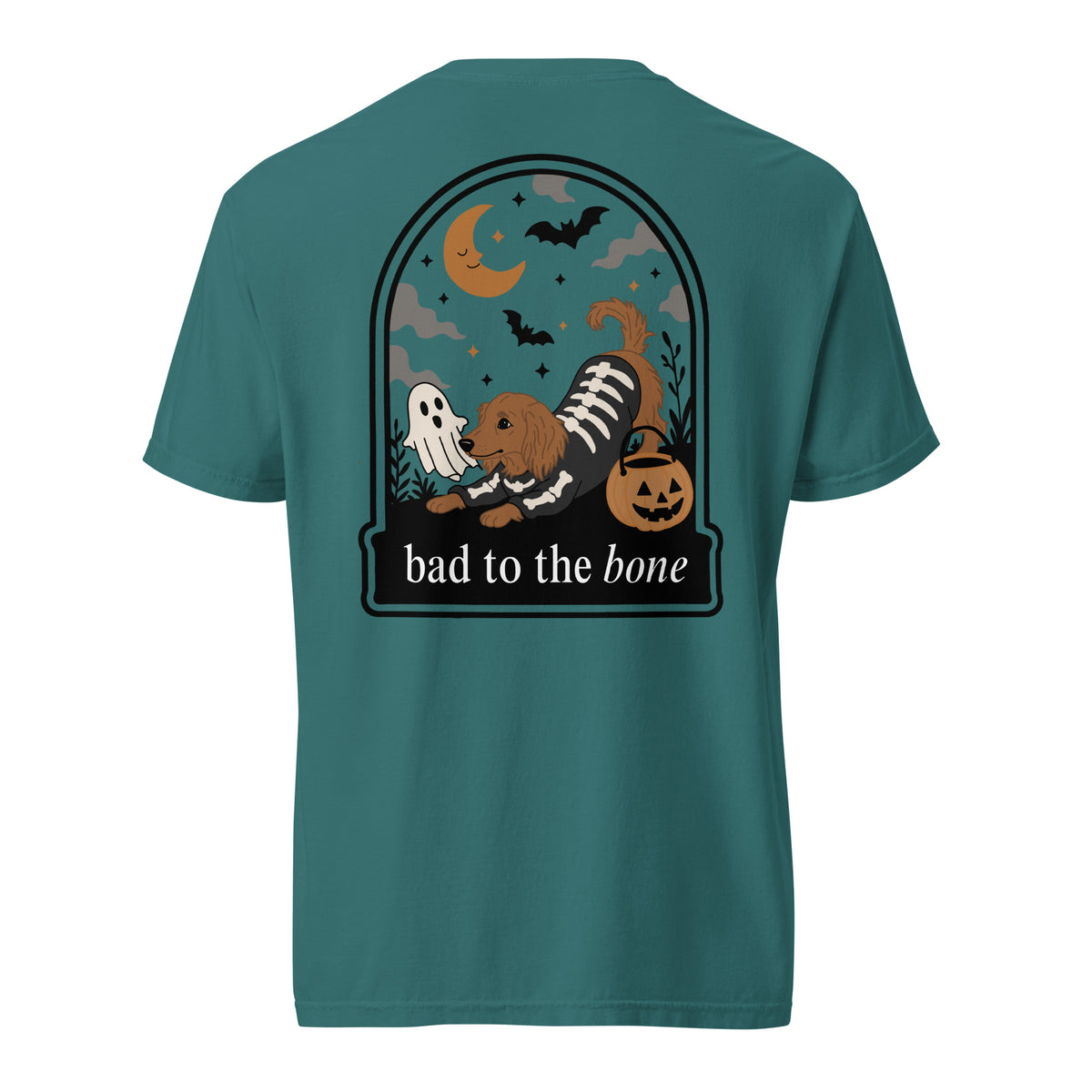 Skeleween Bad to the Bone dachshund Halloween shirt emerald Comfort Colors tee