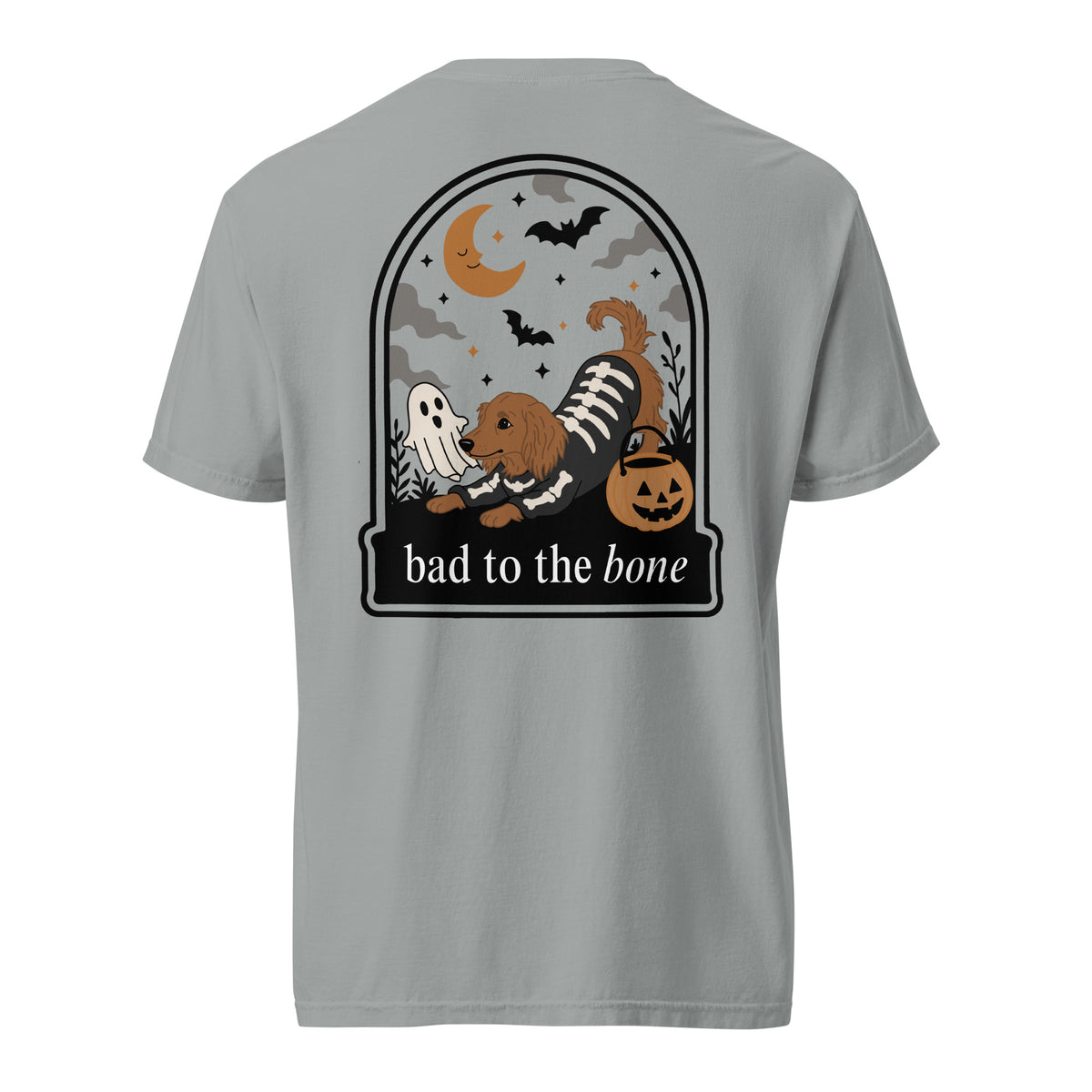 Skeleween Bad to the Bone dachshund Halloween shirt granite Comfort Colors tee