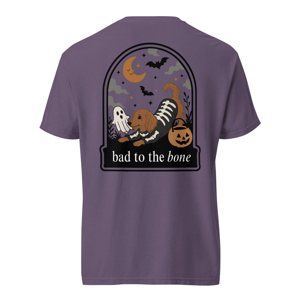Skeleween Bad to the Bone dachshund Halloween shirt grape Comfort Colors tee