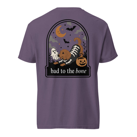 Skeleween Bad to the Bone dachshund Halloween shirt grape Comfort Colors tee