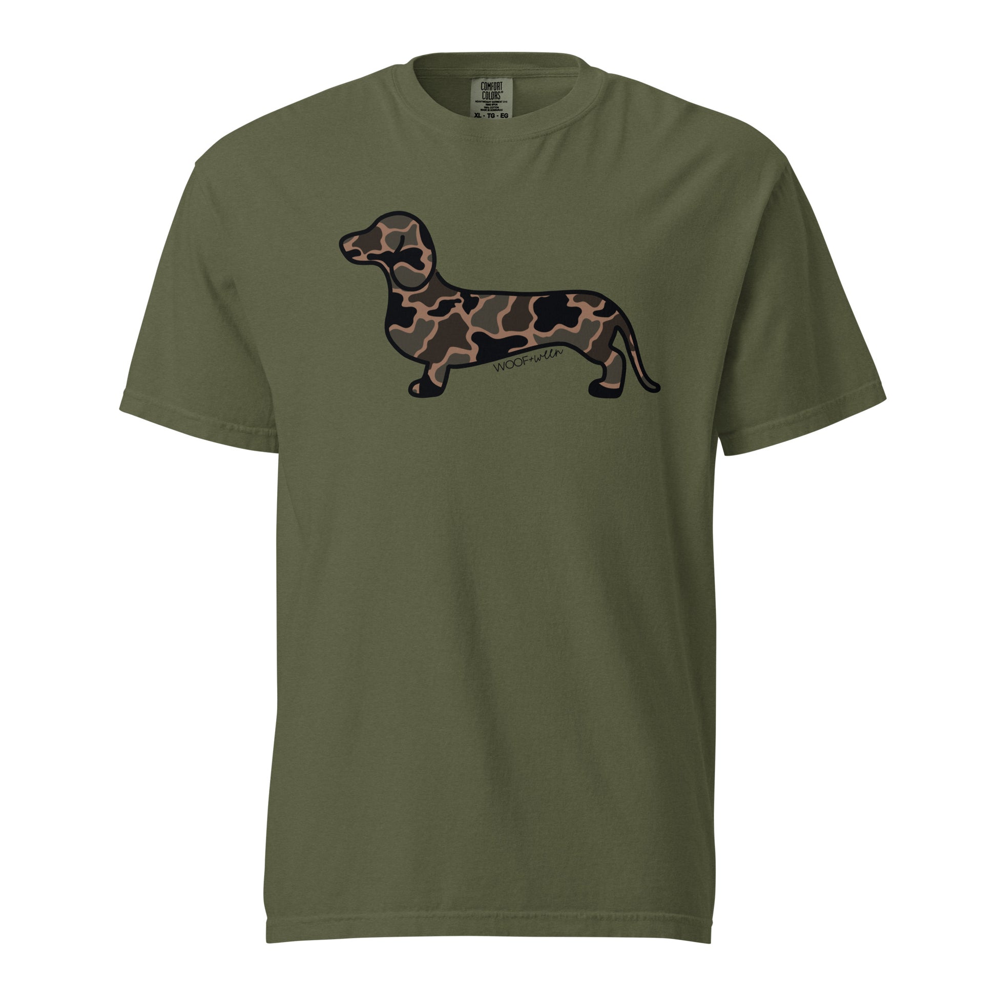 Black Duck Camo dachshund tee hemp front Comfort Colors wiener dog shirt