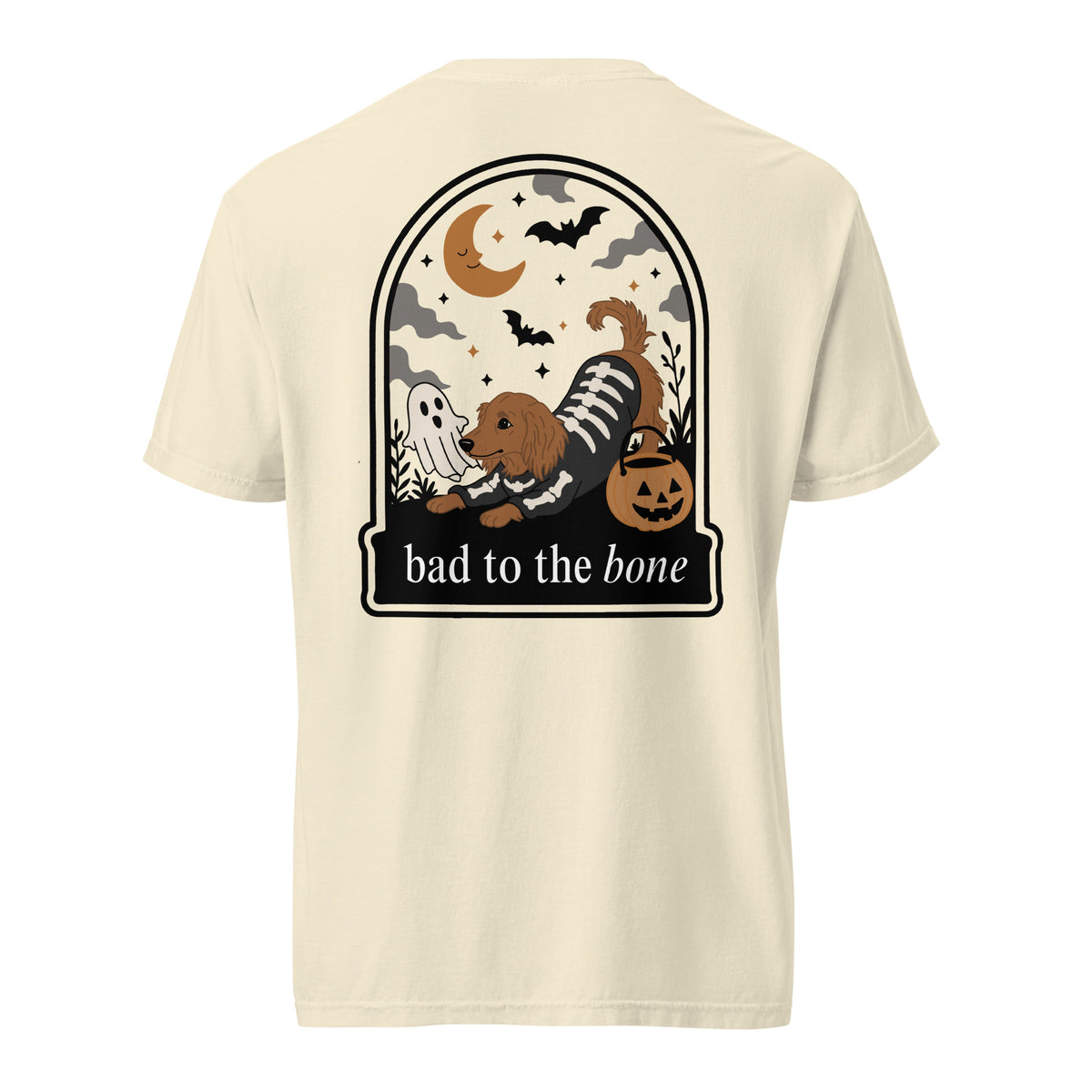 Skeleween Bad to the Bone dachshund Halloween shirt ivory Comfort Colors tee