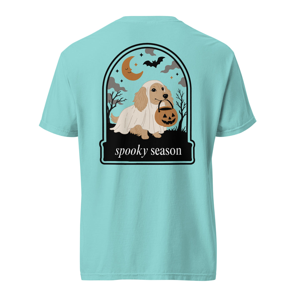 Creme Doxie dachshund Halloween shirt lagoon blue Comfort Colors garment dyed